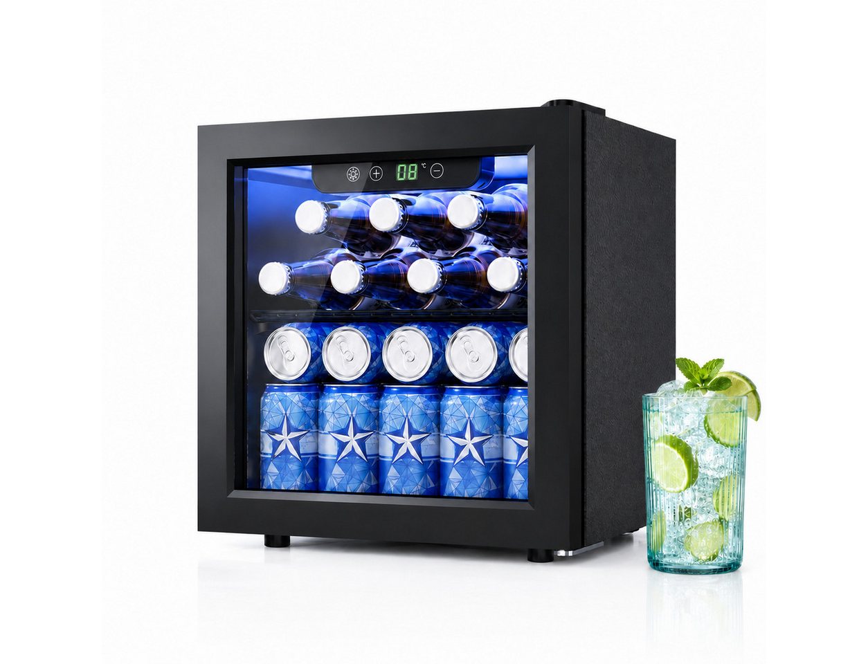 Furnicopia Getränkekühlschrank leise, 24 Dosen/6 Flaschen, verstellbares Regal, Digital-Display, Energieklasse E JC-36UEL-F, Kompressor, Doppelglas, LED, wenig Reif Bild 4
