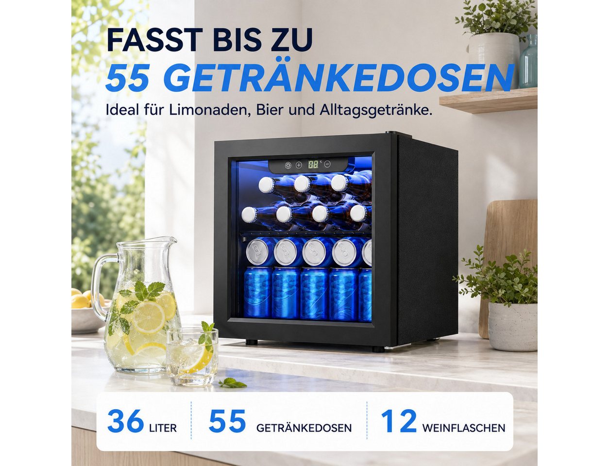 Furnicopia Getränkekühlschrank leise, 24 Dosen/6 Flaschen, verstellbares Regal, Digital-Display, Energieklasse E JC-36UEL-F, Kompressor, Doppelglas, LED, wenig Reif Bild 5