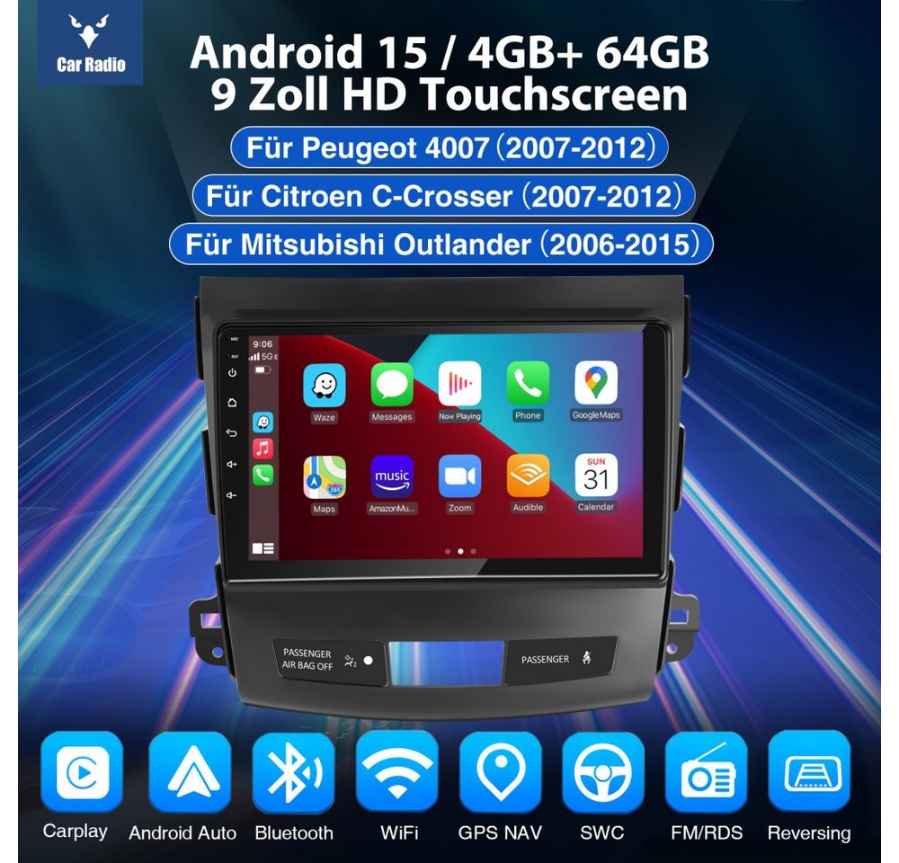ESSGOO Für Mitsubishi Outlander II, C-Crosser, Peugeot 4007 Doppelknopf USB Autoradio (RDS, Digitalradio (DAB), FM, AM, Carplay Android Auto GPS Navi WIFI BT) Bild 3