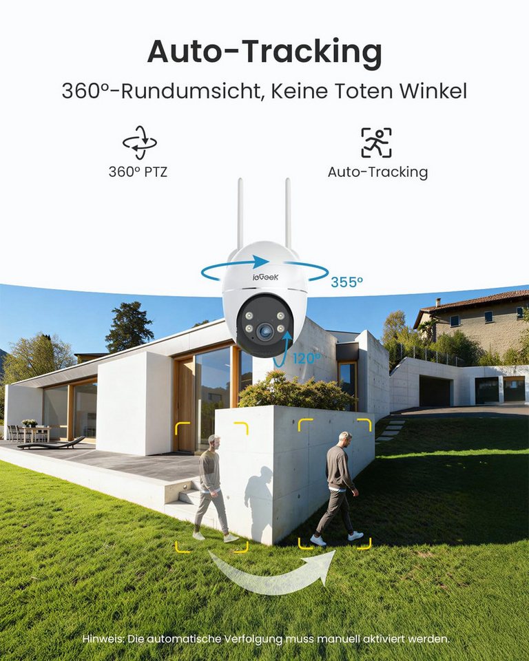 TWUFY Überwachungskamera ieGeek 24/7 AOV Überwachungskamera Aussen mit Auto-Tracking (Outdoor, Außenbereich, außen, Aussen, 5W Solarpanel & 9000mAh Akku, 30m Farbnachtsicht, 1-tlg., 2.5K 4MP 360° PTZ Kamera Solar, Camera Outdoor WLAN Kabellos mit Intelligente Erkennung) Bild 2