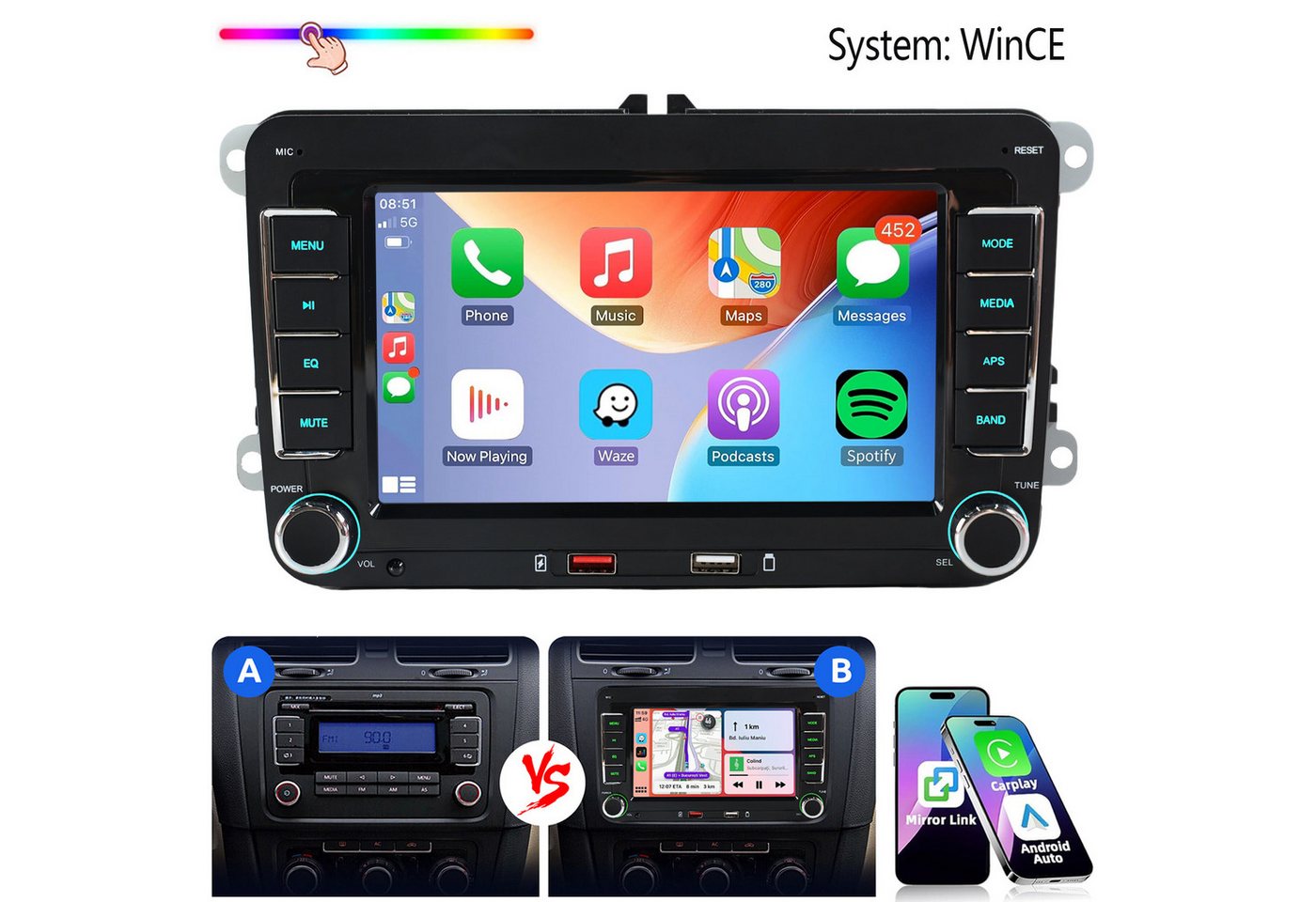 ESSGOO Für VW Golf 5 6 Plus Touran Caddy Jetta Autoradio Carplay Android Auto Autoradio (System : WinCE, Rückfahrkamera(optional), 2 DIN, AM/FM, SWC, CANBUS-Adapter ENTHALTEN (optimiert für Windows CE-System) Bild 3