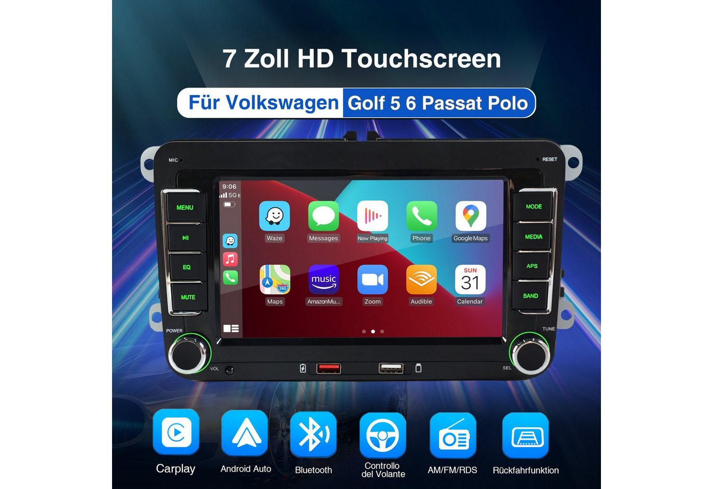 ESSGOO Für VW Golf 5 6 Plus Touran Caddy Jetta Autoradio Carplay Android Auto Autoradio (System : WinCE, Rückfahrkamera(optional), 2 DIN, AM/FM, SWC, CANBUS-Adapter ENTHALTEN (optimiert für Windows CE-System) Bild 4