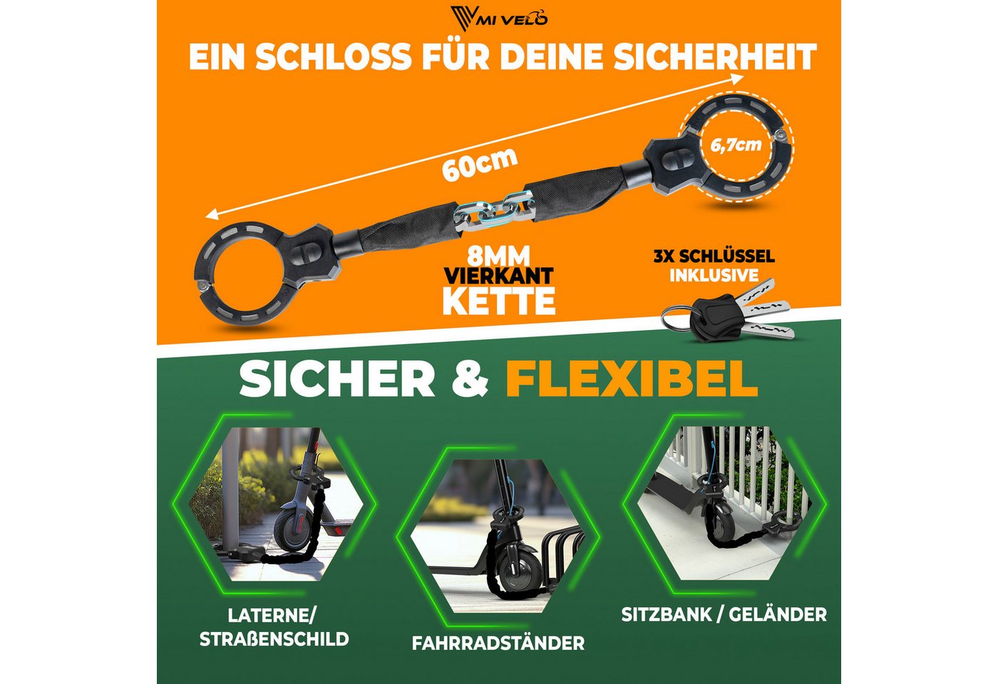 MIVELO Kettenschloss Handschellenschloss für E-Scooter & Fahrrad mit Schlüssel, inkl. Halterung Bild 5
