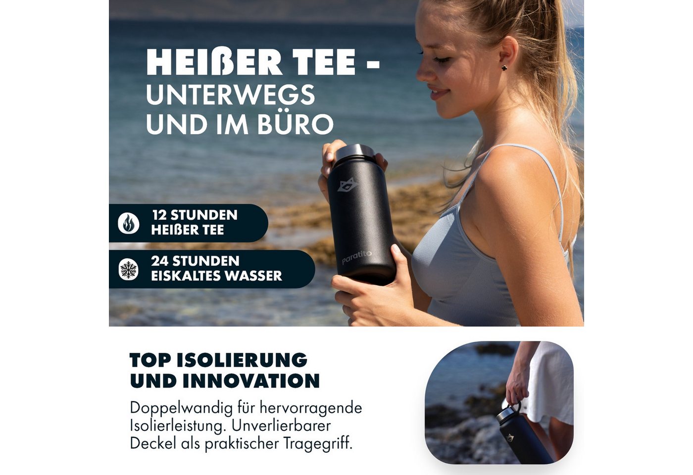 Paratito Isolierflasche Paratito® Thermosflasche mit Teesieb - Teeflasche mit Sieb To Go 1L, BPA-frei, Edelstahl, Liter, Teesieb