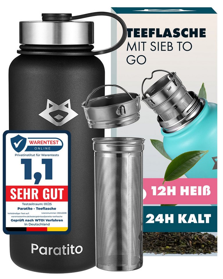 Paratito Isolierflasche Paratito® Thermosflasche mit Teesieb - Teeflasche mit Sieb To Go 1L, BPA-frei, Edelstahl, Liter, Teesieb Bild 3