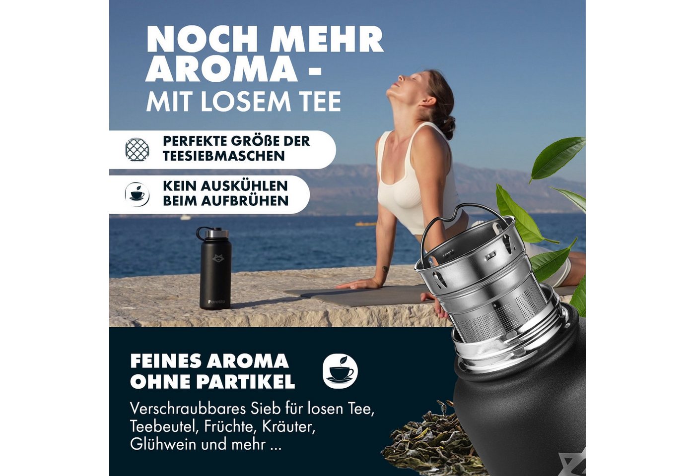 Paratito Isolierflasche Paratito® Thermosflasche mit Teesieb - Teeflasche mit Sieb To Go 1L, BPA-frei, Edelstahl, Liter, Teesieb Bild 4