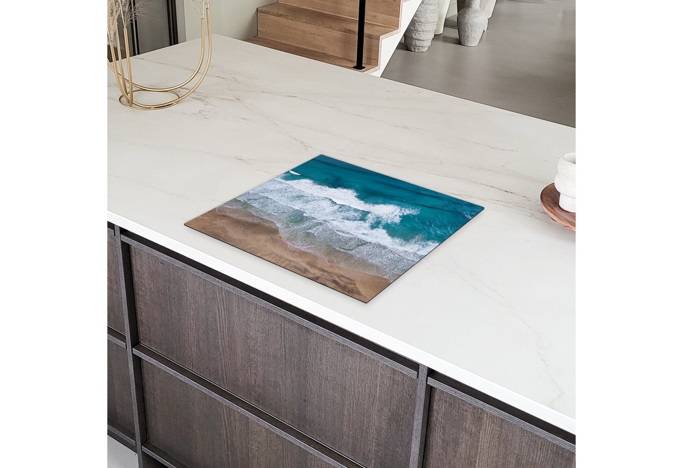 MuchoWow Herd-Abdeckplatte Strand - Meer - Wasser - Blau, Vinyl, (1 tlg), Abdeckplatte für Ceranfeld, Herd Inductionsmatte, 57.6x51.6 cm