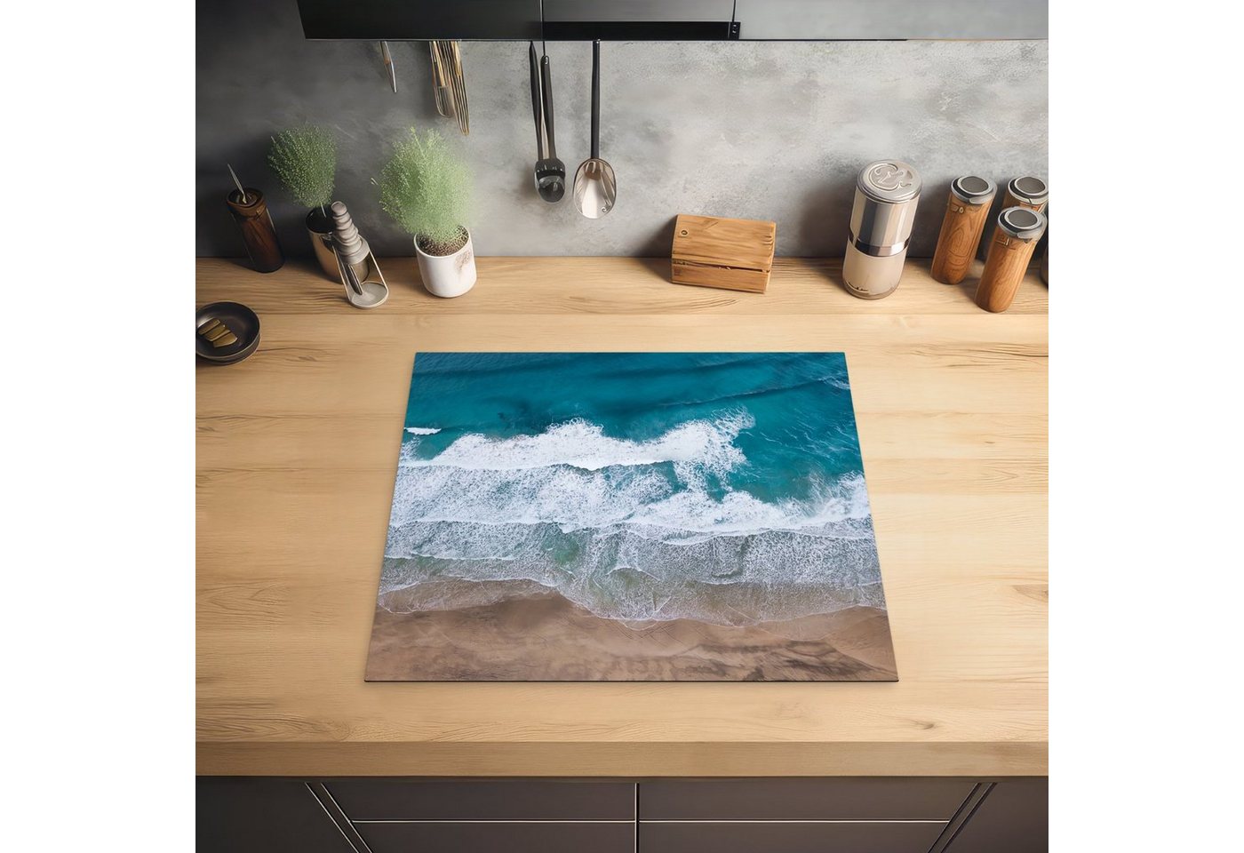 MuchoWow Herd-Abdeckplatte Strand - Meer - Wasser - Blau, Vinyl, (1 tlg), Abdeckplatte für Ceranfeld, Herd Inductionsmatte, 57.6x51.6 cm Bild 4