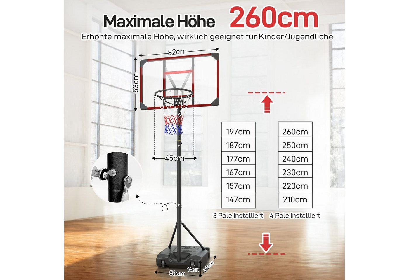 Yohood Basketballkorb 147–260cm Indoor Outdoor Basketballständer für Teenager mit Rollen Bild 4