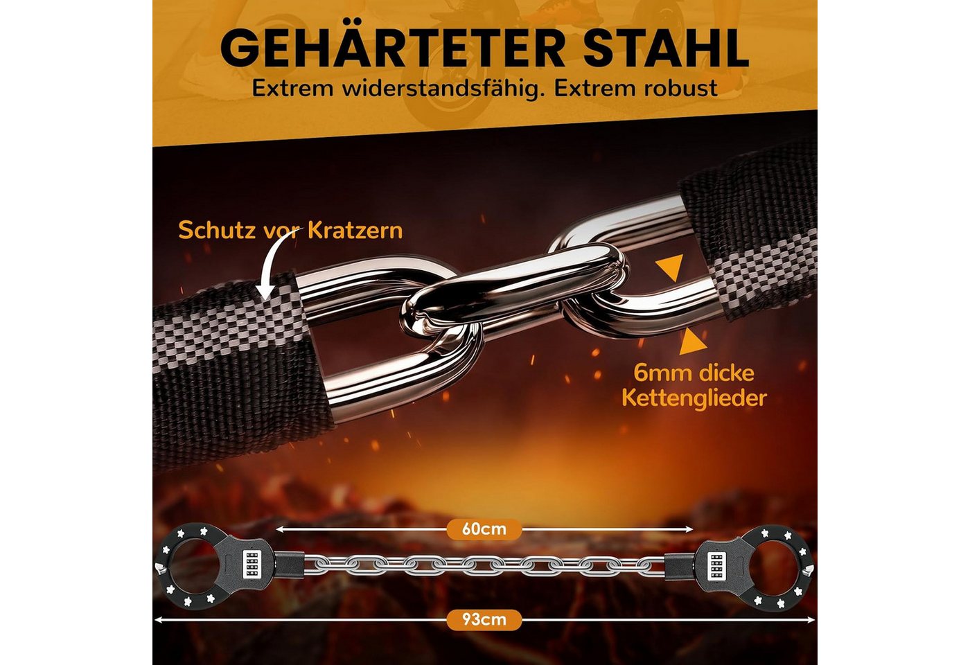 TLGREEN Kettenschloss E Scooter Schloss mit Zahlencode (6mm gehärtete Stahlkette schlüsselloses Kettenschloss, 4-stelliger Code mit 10.000 Kombinationen), für E Scooter/Fahrräder/E-Bike/Motorrad Bild 2