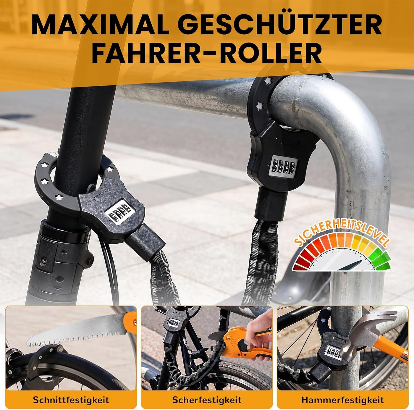 TLGREEN Kettenschloss E Scooter Schloss mit Zahlencode (6mm gehärtete Stahlkette schlüsselloses Kettenschloss, 4-stelliger Code mit 10.000 Kombinationen), für E Scooter/Fahrräder/E-Bike/Motorrad Bild 3