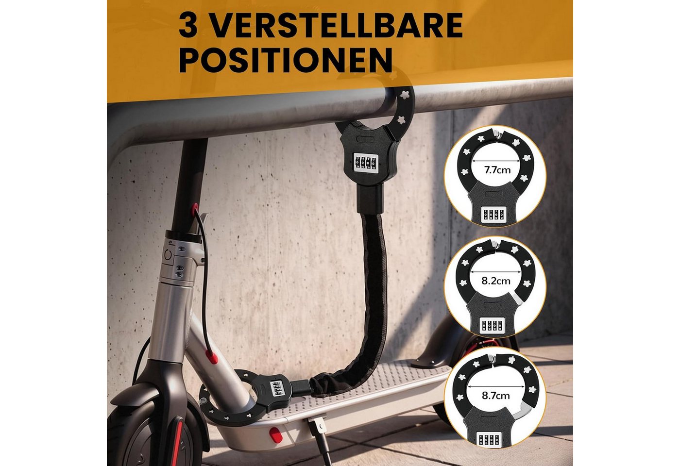 TLGREEN Kettenschloss E Scooter Schloss mit Zahlencode (6mm gehärtete Stahlkette schlüsselloses Kettenschloss, 4-stelliger Code mit 10.000 Kombinationen), für E Scooter/Fahrräder/E-Bike/Motorrad Bild 5