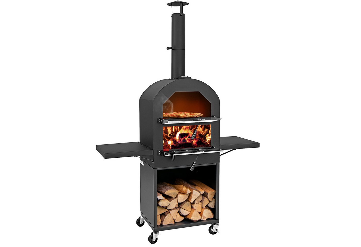 COSTWAY Pizzaofen, Holzgefeuerter Pizzaofen mit Schutzabdeckung, Pizzastein