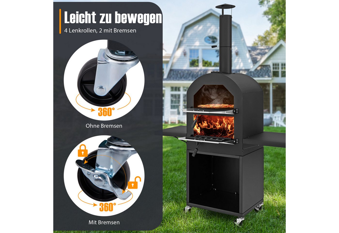 COSTWAY Pizzaofen, Holzgefeuerter Pizzaofen mit Schutzabdeckung, Pizzastein Bild 4