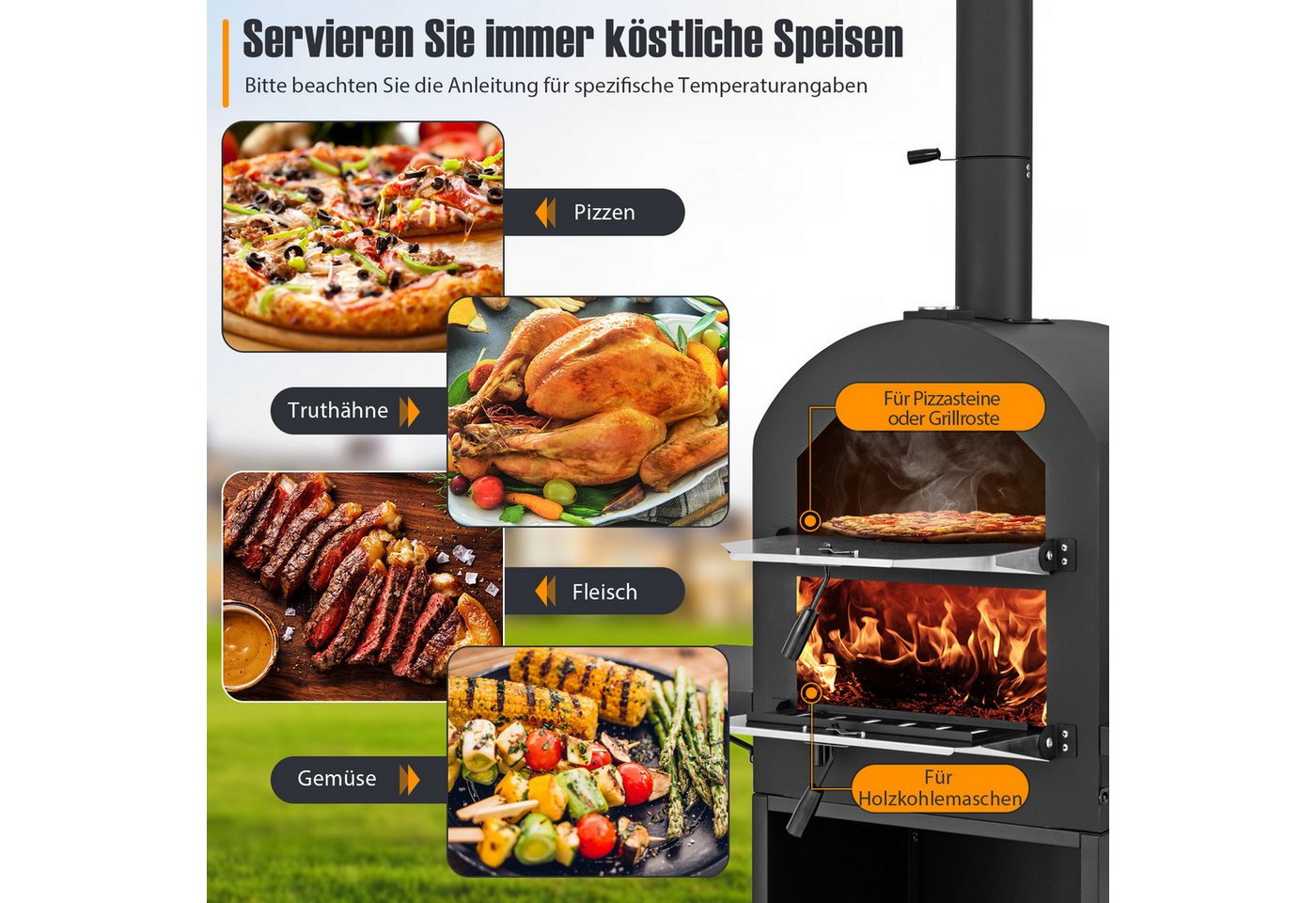 COSTWAY Pizzaofen, Holzgefeuerter Pizzaofen mit Schutzabdeckung, Pizzastein Bild 5