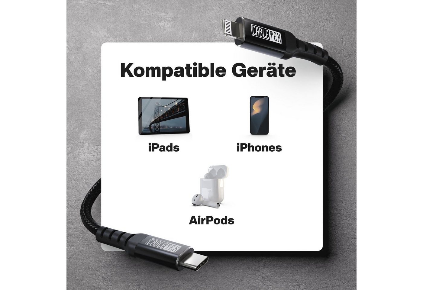 CABLETEX USB C zu Lightning Kabel für iPhone und iPad Ladekabel Lightningkabel, Lightning, USB-C (200 cm), MFi-Zertifizierung Bild 3