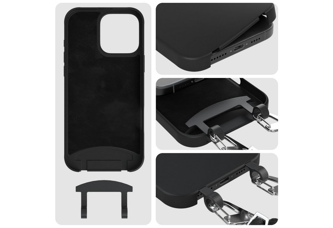 EAZY CASE Handykette 2in1 Hülle mit Band für iPhone 16 Pro Max 6,9 Zoll, Handykette abnehmbar Silikonhülle 2in1 Handyband Etui Case Schwarz
