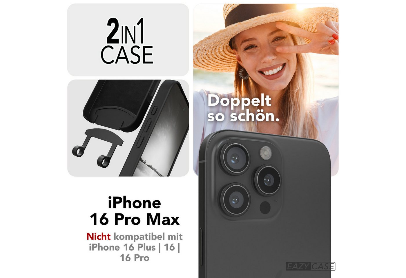 EAZY CASE Handykette 2in1 Hülle mit Band für iPhone 16 Pro Max 6,9 Zoll, Handykette abnehmbar Silikonhülle 2in1 Handyband Etui Case Schwarz Bild 4