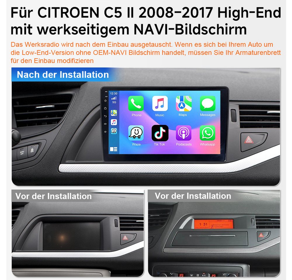 A-Sure Für Citroen C5 2008-2017 Bluetooth 5.0 Carplay 8-Core Navi WiFi USB FM Autoradio (Digitalradio (DAB), RDS, SWC, Apple Carplay) Bild 5