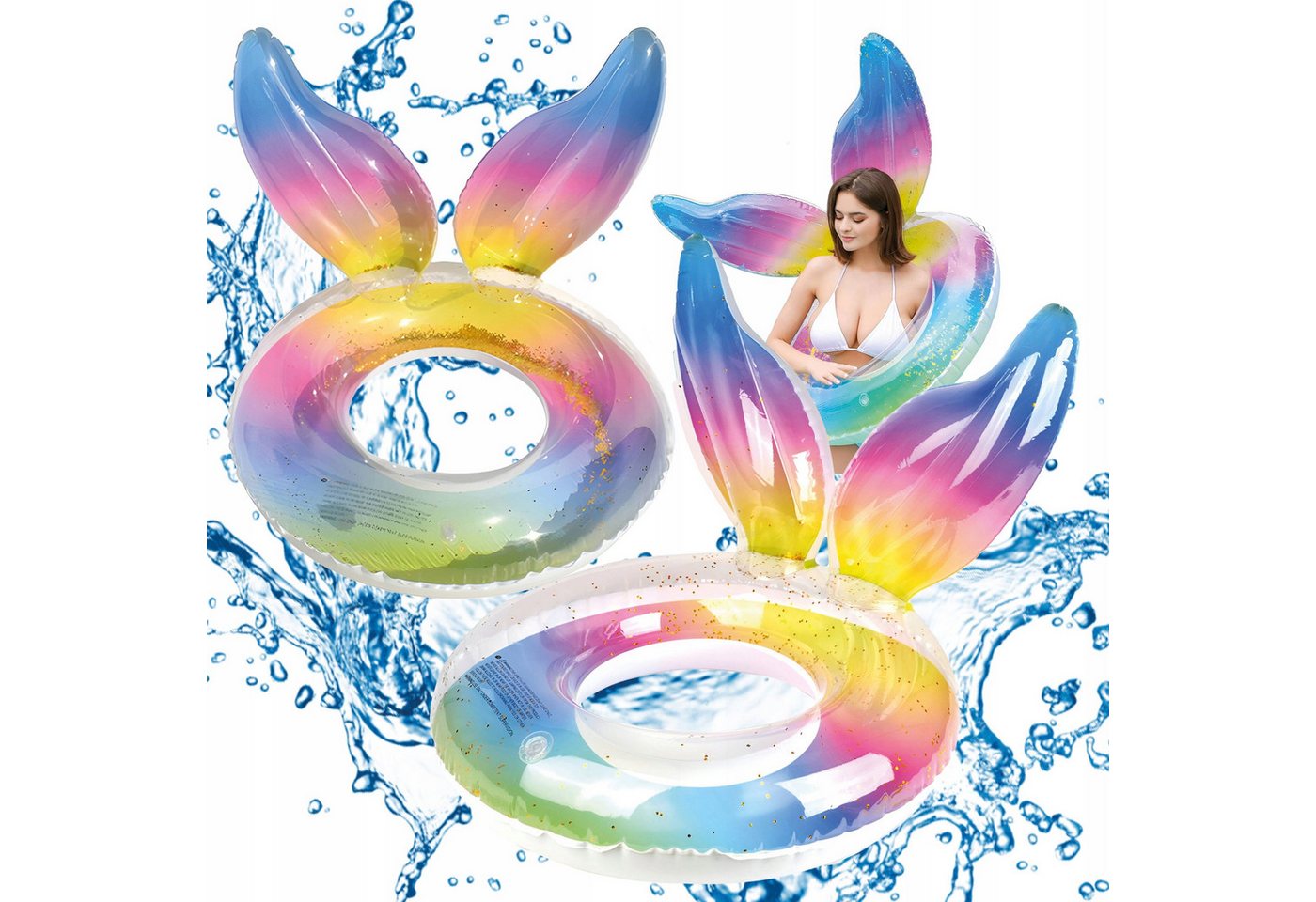 Festivalartikel Schwimmring Schwimmreifen mit Einwegventilen und Regenbogen-Sirenenmuster Bild 4