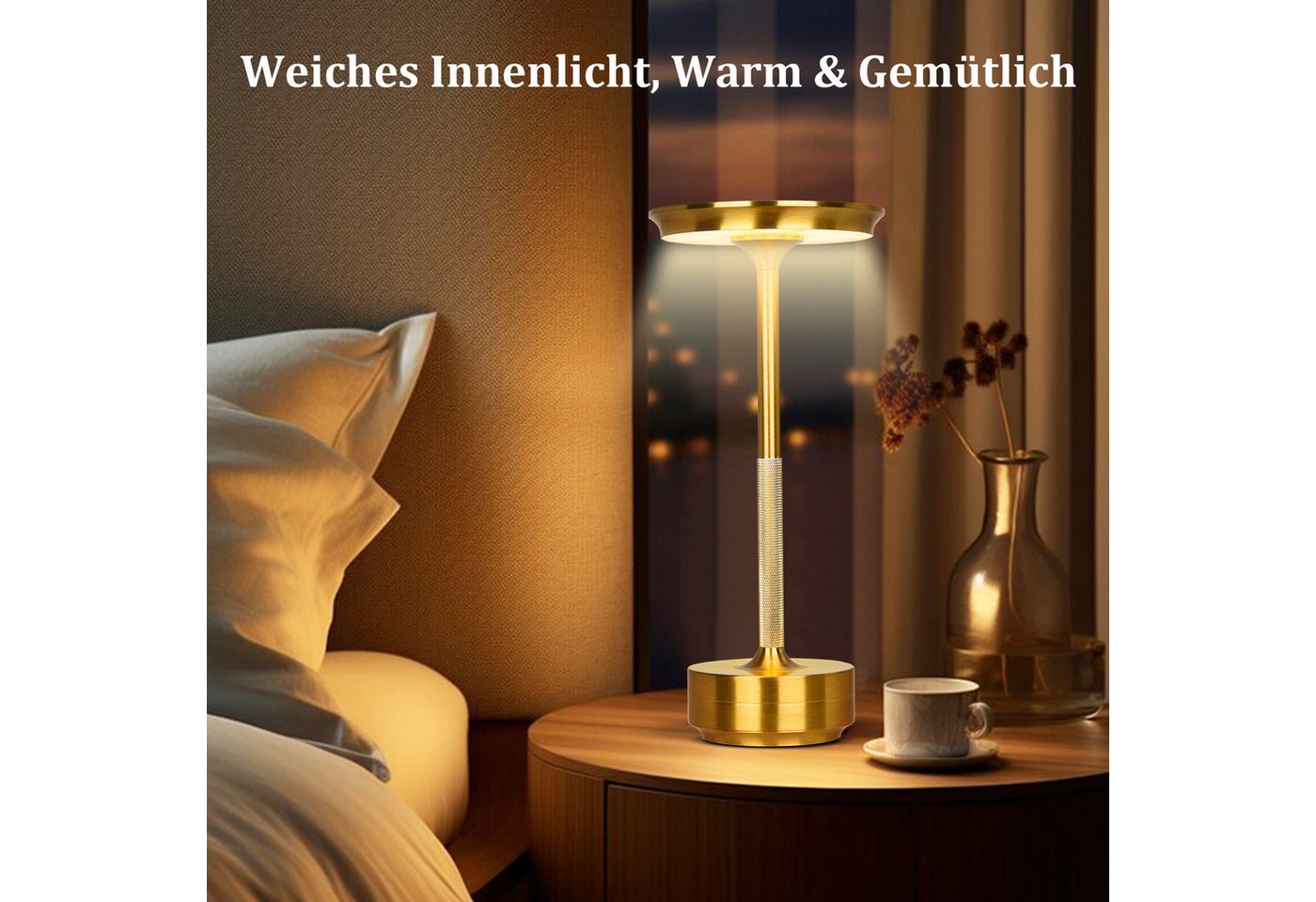 LMaxhome USB-Tischleuchte LED Wiederaufladbare Kabellose Akku Tischlampe mit Touch-Schalter IP54 (1-St., Intelligente LED-Leuchte mit Speicherfunktion), Wasserdichtes Aluminium Moderne Nachttischlampe für Schlafzimmer Außen