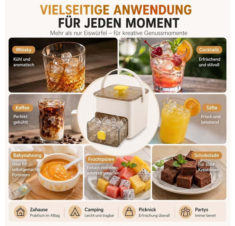 FELIXLEO Eiswürfelmaschine Tragbarer Eiswürfelbereiter mit 48er Form & Schublade für Küche (Lila)