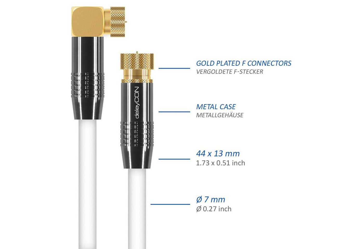 deleyCON deleyCON HDTV SAT Antennenkabel 12,5m Weiß - 1x 90° gewinkelt - 2x SAT-Kabel Bild 2