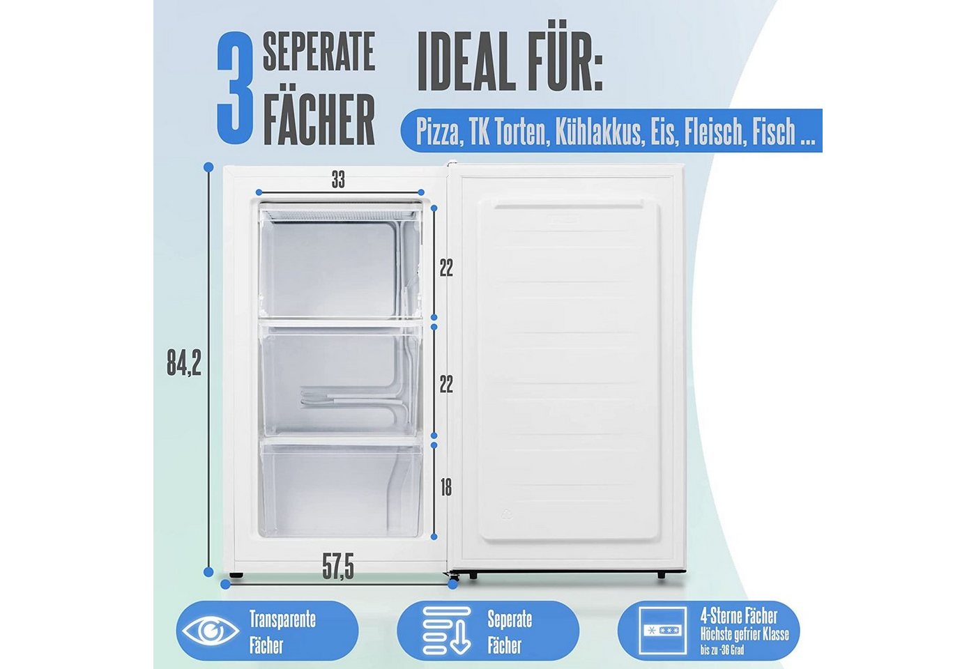 Heinrich´s Gefrierschrank HGS 4089 W, 84.2 cm hoch, 47.5 cm breit, Freezer, 3x Gefrierschublade, 85 Liter, Temperatur:-18°C~-38°C, weiß