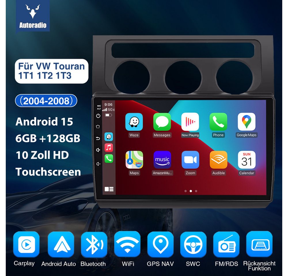 ESSGOO 6+128GB Für VW Touran 1T1 1T2 1T3 03-10 Android 15 8-Kern Autoradio (RDS, Digitalradio (DAB), FM, AM, Carplay Android Auto Navi 4G LTE WIFI 8-Kern)