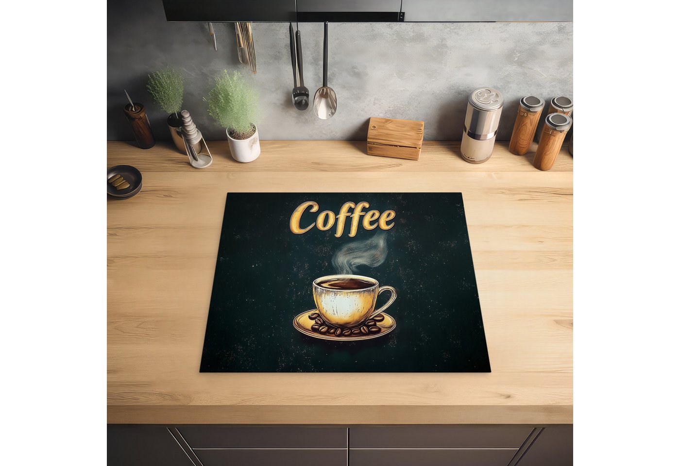 MuchoWow Herd-Abdeckplatte Kaffee - Schale - Kaffeebohnen - Retro, Vinyl, (1 tlg), Abdeckplatte für Ceranfeld, Herd Inductionsmatte, 60x50 cm Bild 2