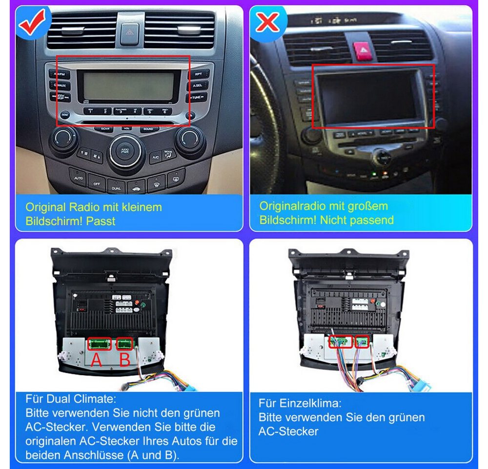 ESSGOO Für Honda Accord VII 7 6+128G Apple Carplay GPS RDS EQ 4G WiFi Autoradio (RDS, Digitalradio (DAB), FM, AM, 8-Kern Carplay Android Auto GPS Navi WIFI BT)