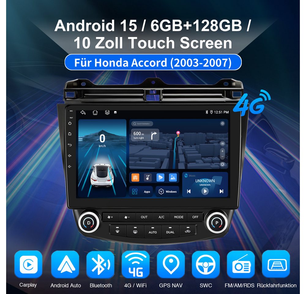 ESSGOO Für Honda Accord VII 7 6+128G Apple Carplay GPS RDS EQ 4G WiFi Autoradio (RDS, Digitalradio (DAB), FM, AM, 8-Kern Carplay Android Auto GPS Navi WIFI BT) Bild 3