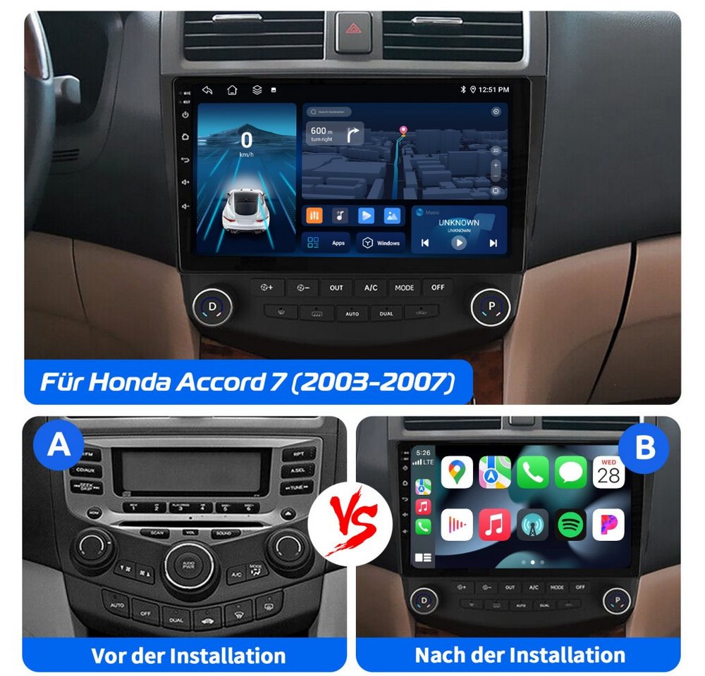 ESSGOO Für Honda Accord VII 7 6+128G Apple Carplay GPS RDS EQ 4G WiFi Autoradio (RDS, Digitalradio (DAB), FM, AM, 8-Kern Carplay Android Auto GPS Navi WIFI BT) Bild 4