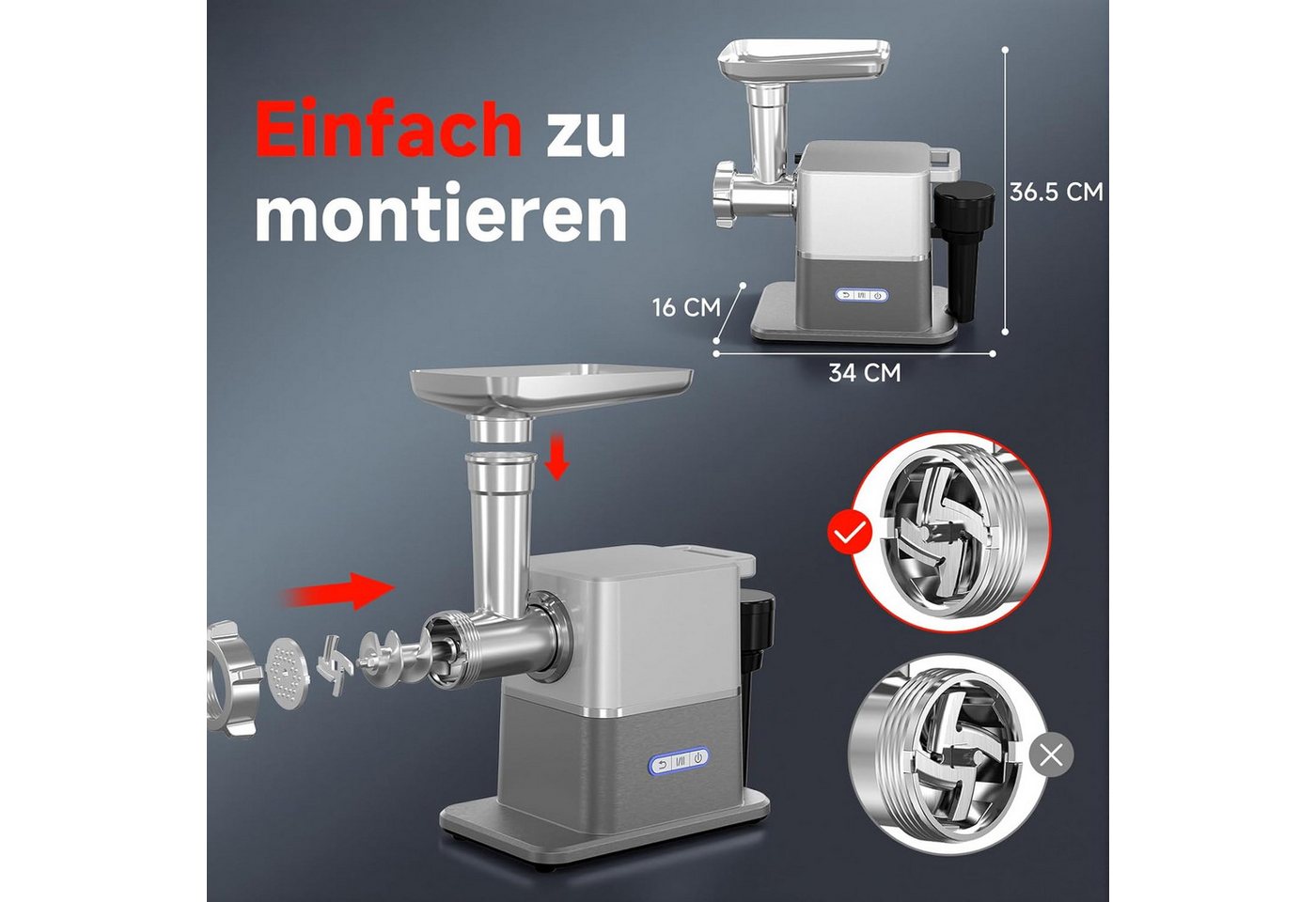AMZCHEF Fleischwolf CE-MG76OT10C-400-SG, 3000 W, 3000W Max Mit DC-Motor, Nur 60 dB Bild 3