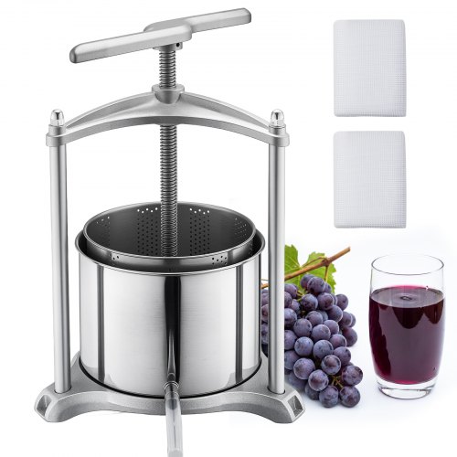 VEVOR Manuelle Beerenpresse 6 L aus Edelstahl (Innenbehälter), Weinpresse und Obstpresse für Äpfel, Weintrauben, Orangen und Gemüse, Apfelpresse mit 2 Filterbeuteln & T-förmigem Griff, Saftpresse