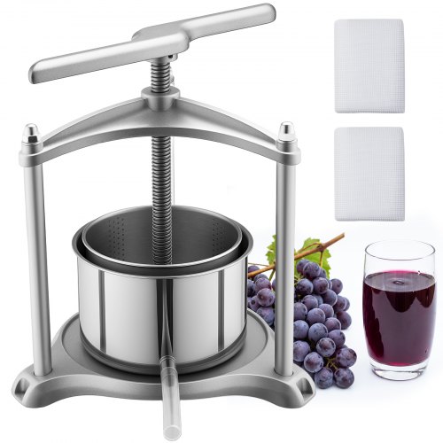 VEVOR Manuelle Beerenpresse 3 L aus Edelstahl (Innenbehälter), Weinpresse und Obstpresse für Äpfel, Weintrauben, Orangen und Gemüse, Apfelpresse mit 2 Filterbeuteln & T-förmigem Griff, Saftpresse
