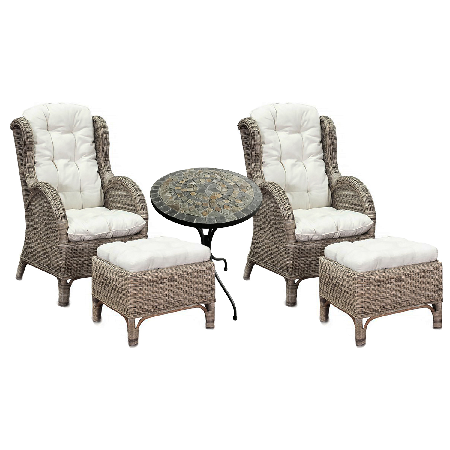 Mojawo - 2 Stück Rattan Ohrensessel Mit Fußhocker Und Mosaiktisch-2xmrs01+mmc4340-tisch