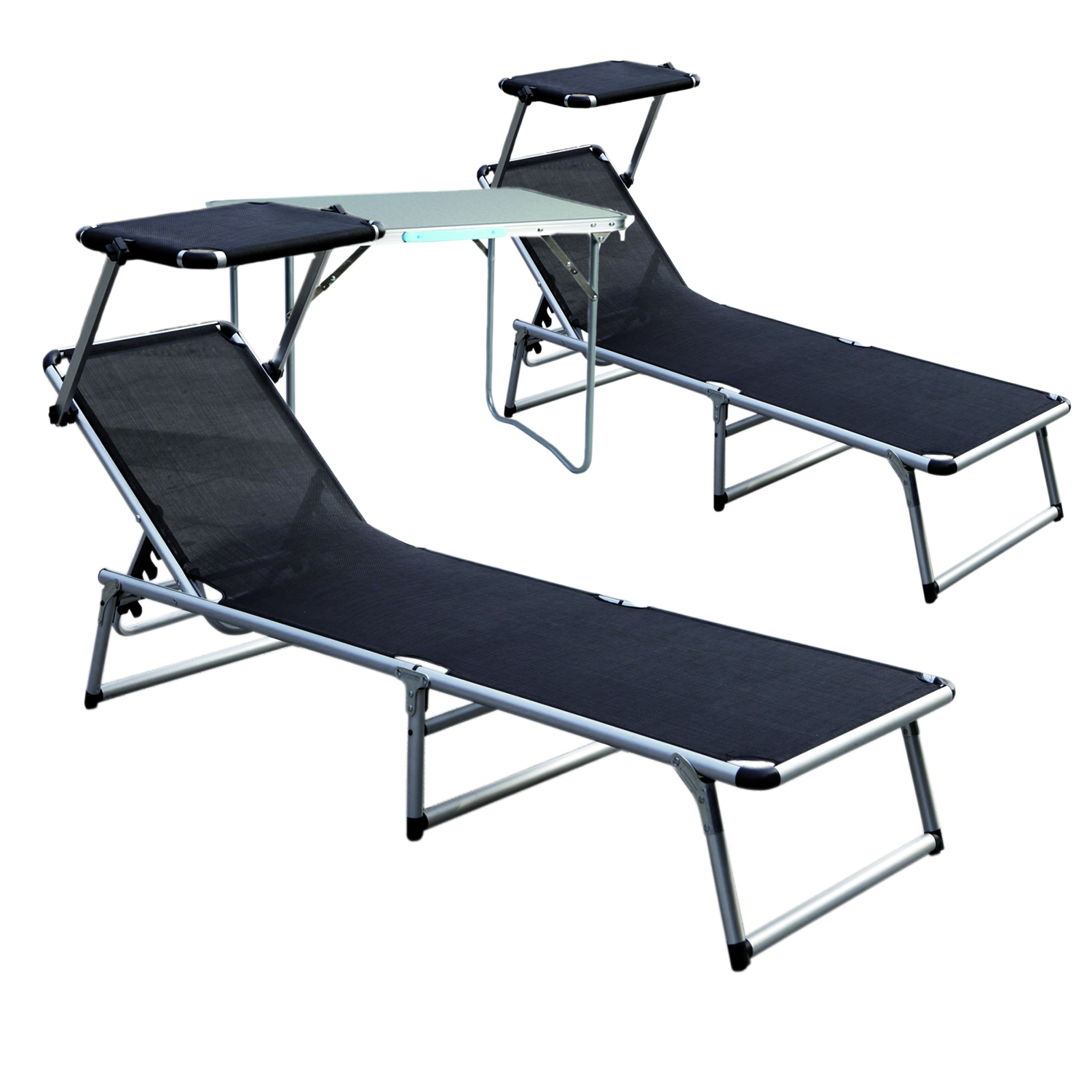 2 Stück Alu Gartenliege Mit Dach Schwarz + Beistelltisch-2xmmc372310s+mmc330870