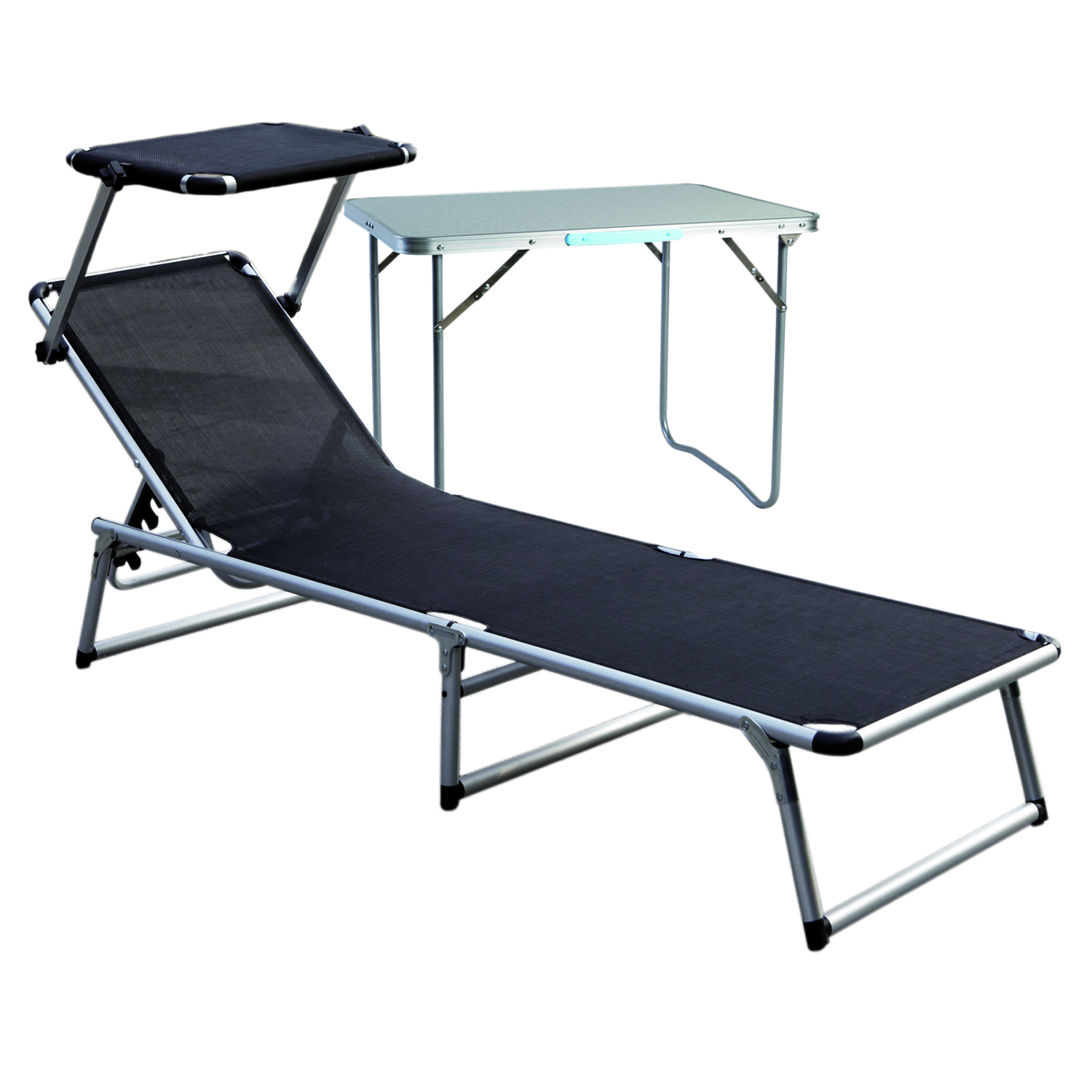 Alu Gartenliege Mit Dach Schwarz + Beistelltisch-mmc372310s+mmc330870