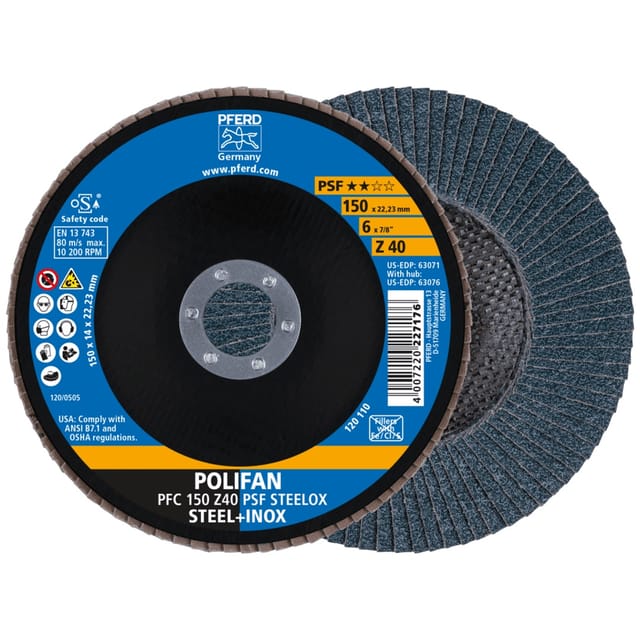 PFERD TOOLS POLIFAN Fächerscheibe PFC 150x22,23 mm konisch Z40 Uni.-Linie PSF STEELOX Stahl/Edelstahl