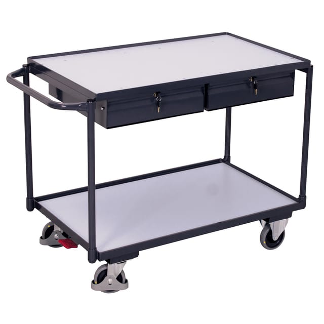 VARIOfit ESD Tischwagen mit 2 Ladeflächen und 2 Schubladen Schiebegriff waagerecht