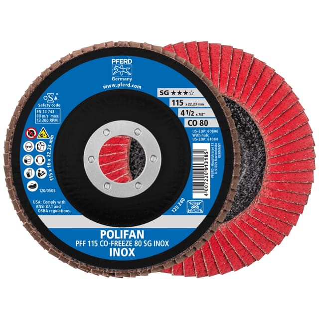 PFERD TOOLS POLIFAN Fächerscheibe PFF 115x22,23 mm flach CO-FREEZE 80 Leistungslinie SG INOX Edelstahl