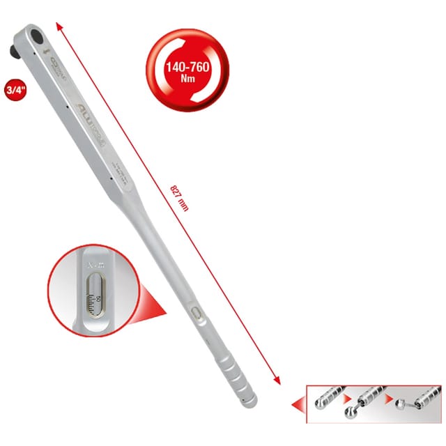 KS Tools 3/4"ALUTORQUEprecision-Drehmomentschlüssel, 140-760 Nm, Rechtsgang, Länge 719 mm