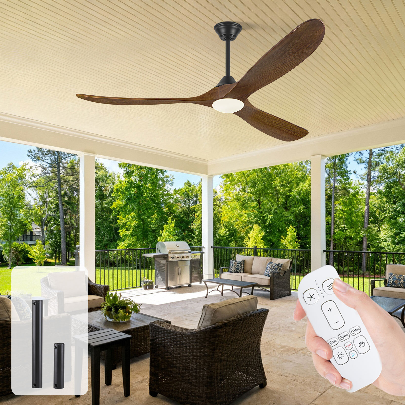 Deckenventilator Mit Licht Und Fernbedienung, 3 Holzflügel, Moderner Rustic Farmhouse Landhausstil, Leiser Und Energiesparender Gleichstrommotor Dc Für Den Gewerblichen Innenbereich – 105 Cm – Braun