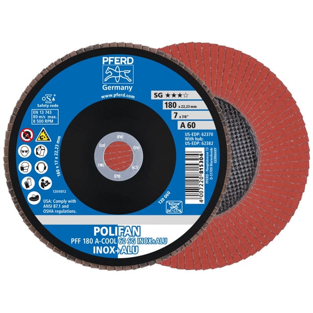 PFERD TOOLS POLIFAN Fächerscheibe PFF 180x22,23 mm flach A-COOL 60 SG INOX+ALU Edelstahl/Alu