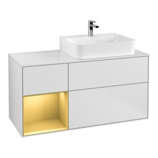V&B Waschtischunterschrank Abdeckplatte Gl. wh. m Finion 120cm, Reg li gol m, White matt lacquer