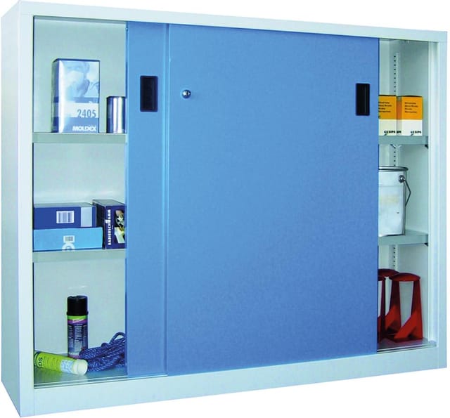 Pavoy Schiebetürenschrank, 1200x2000x400 mm, 4 Böden gepulvert, RAL 7035/5012