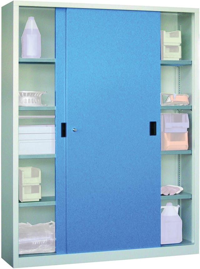 Pavoy Schiebetürenschrank, 1950x1500x500 mm, 8 Böden verzinkt, RAL 7035/5012