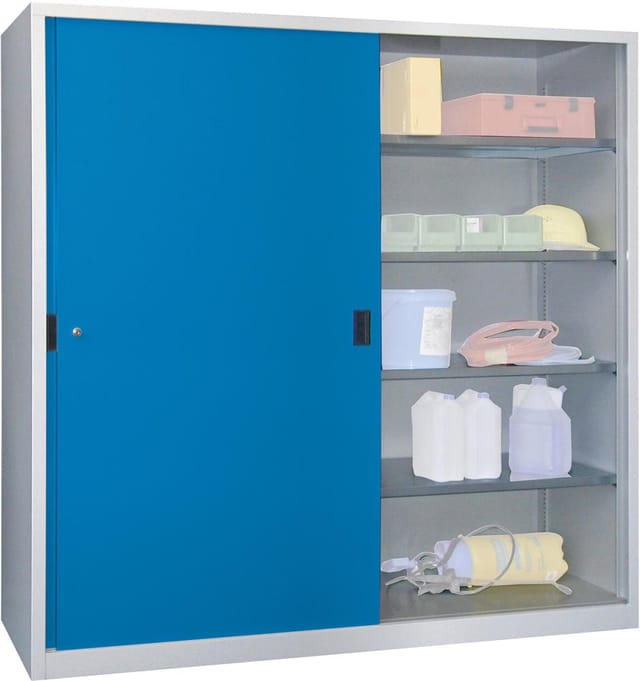 Pavoy Schiebetürenschrank, 1950x2000x600 mm, 8 Böden verzinkt, RAL 7035/5012