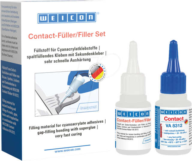 WEICON Contact-Füller Set, Set mit einem Cyanacrylatklebstoff und einem Füllstoff zur schnellen Reparatur von Rissen, Spalten usw., 1 Set, transparent